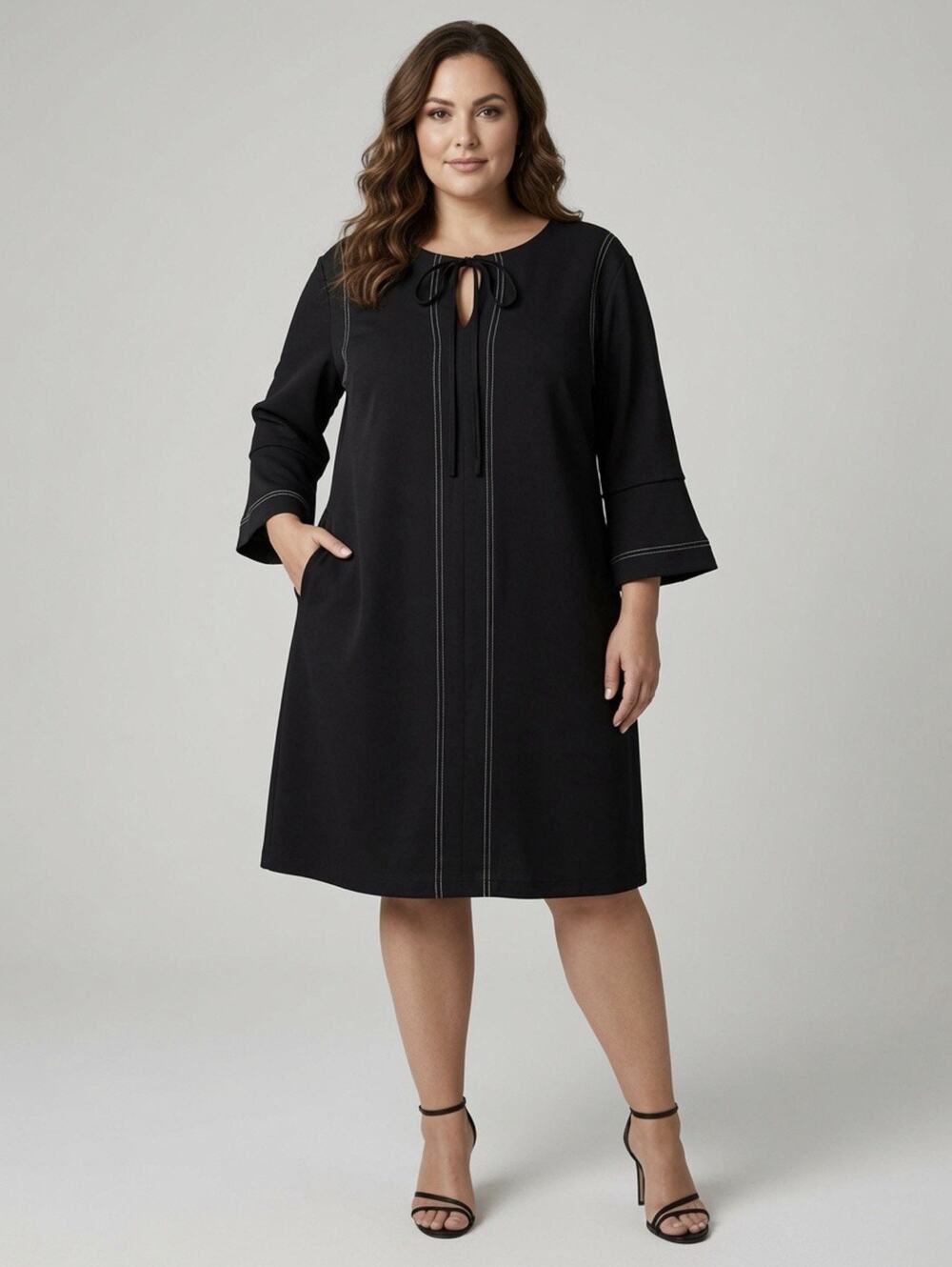 New York & Company Stretch Black Shift Dress XL Bell Sleeve Contrast Stitch